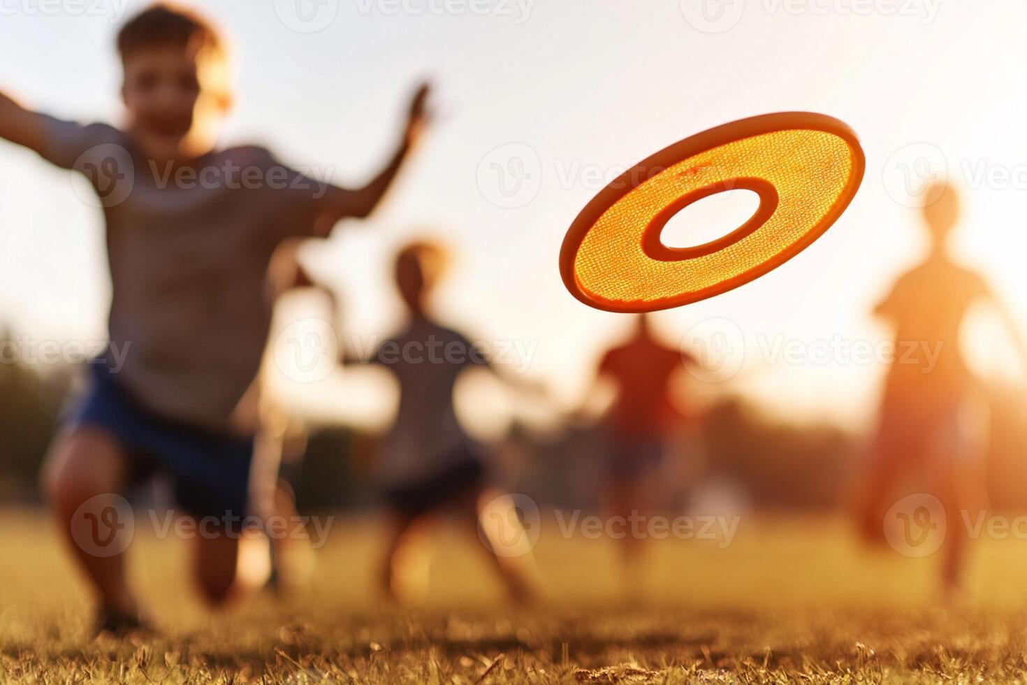 A group of children playing with a frisbee photo