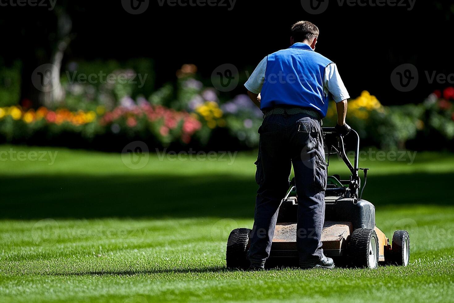 A man mowing the lawn on a lawn mower photo
