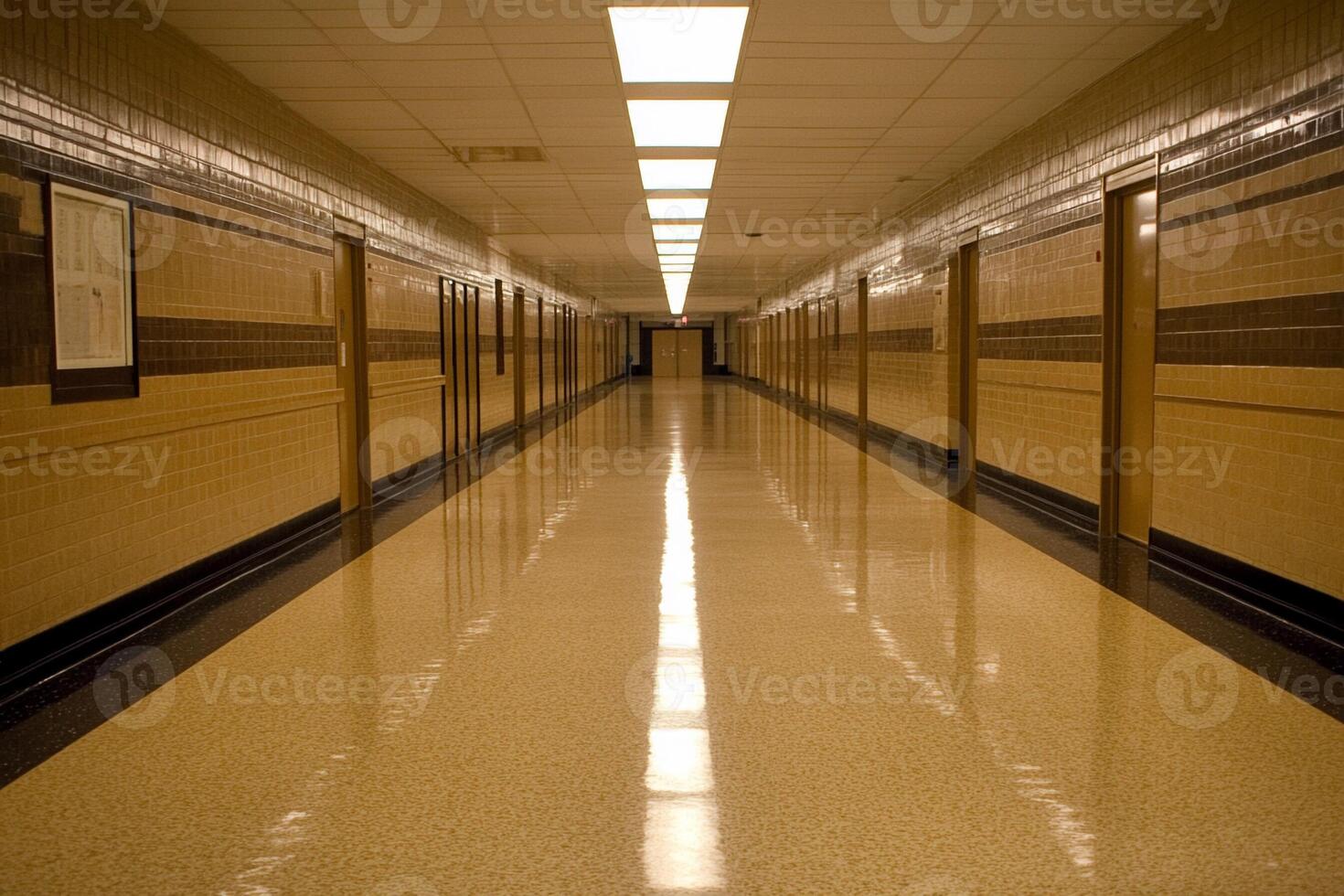 A long hallway with a light shining on it photo