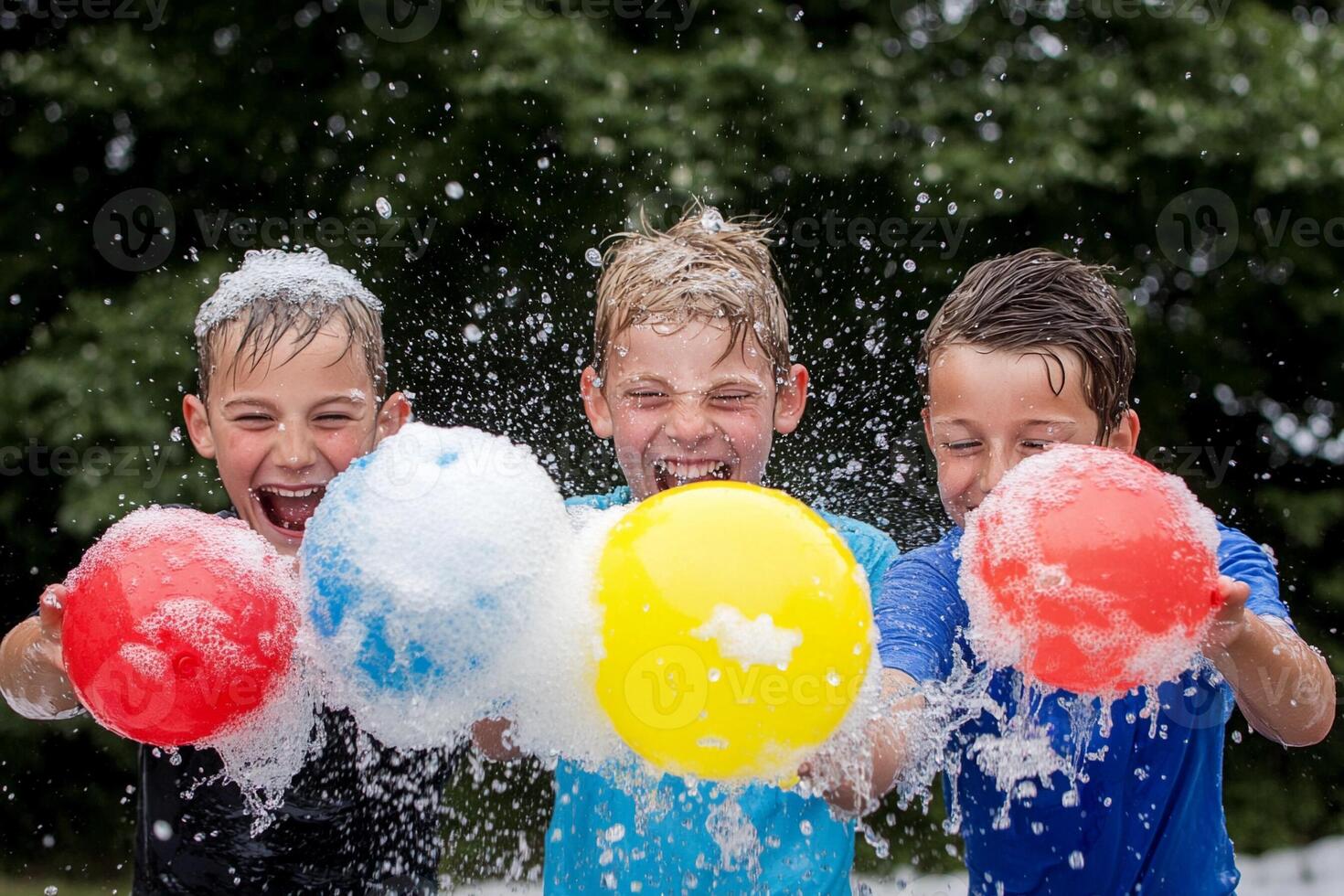 Three boys playing with foam balls in the rain photo