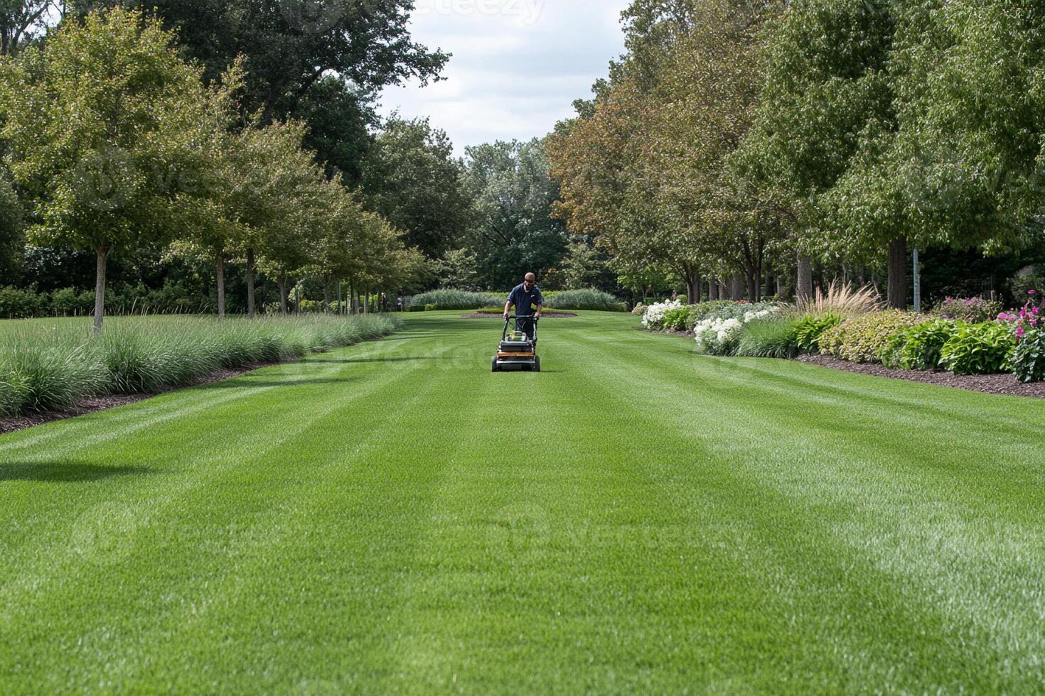 A man is mowing the grass in a large field photo