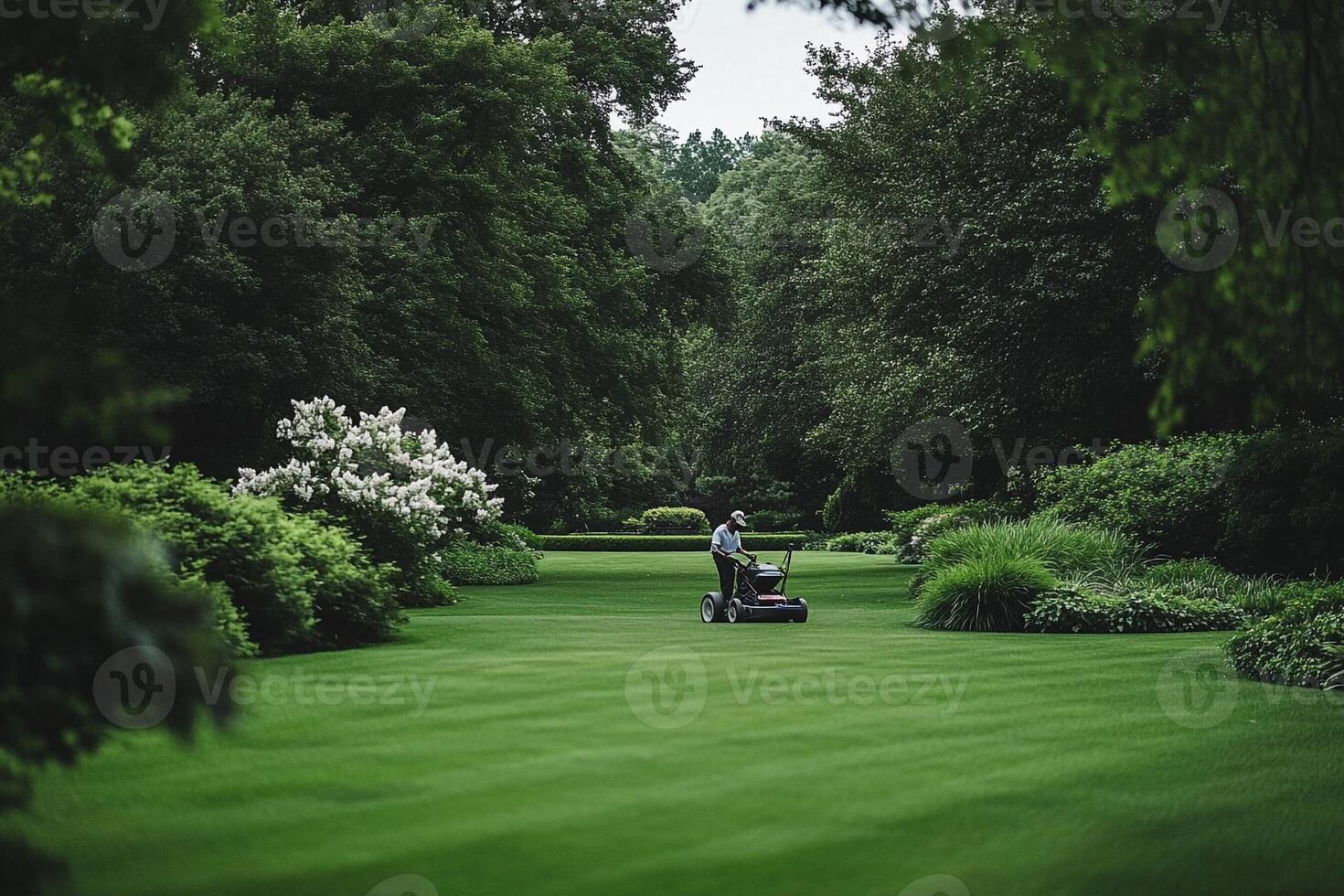 A man mowing the lawn in a park photo