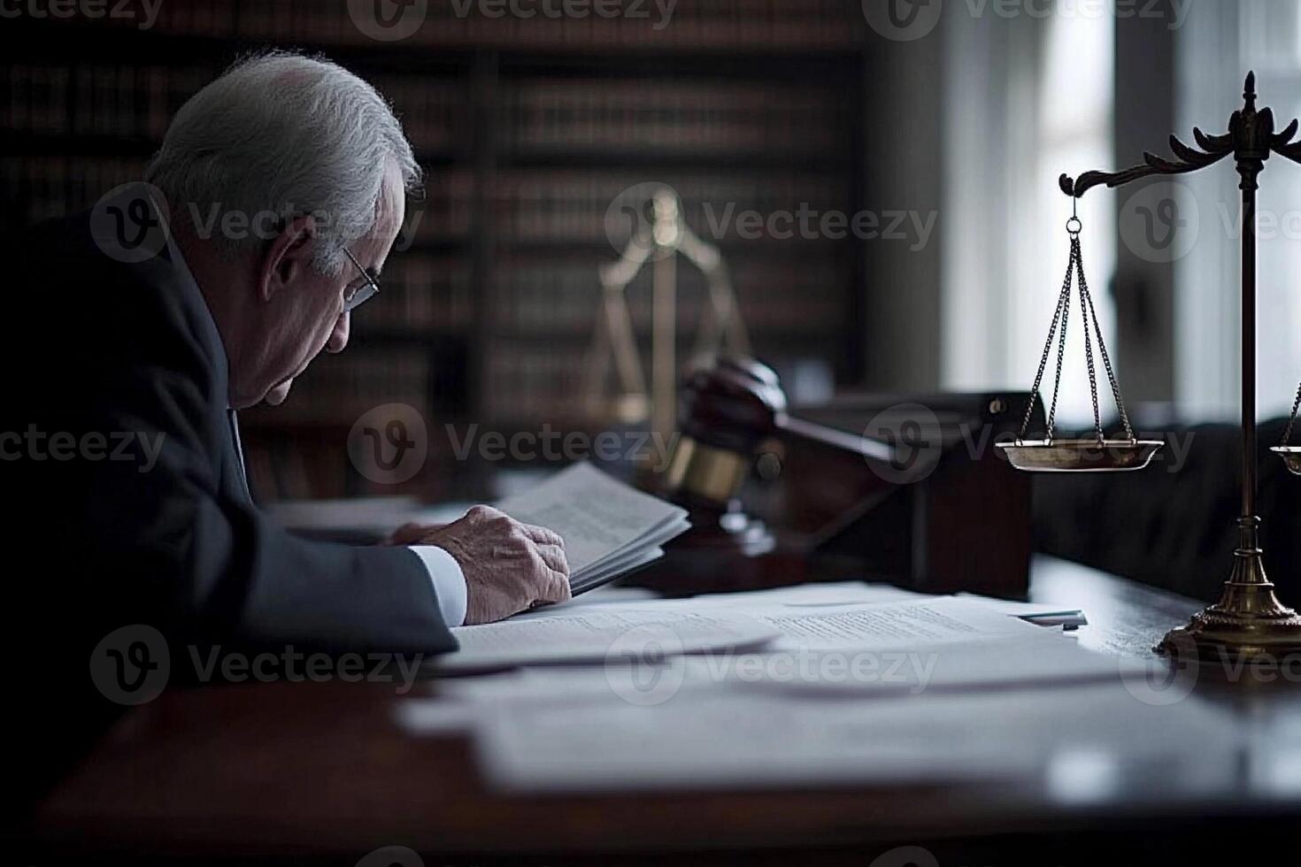 A man in a suit sits at a desk with a book and a scale of justice photo