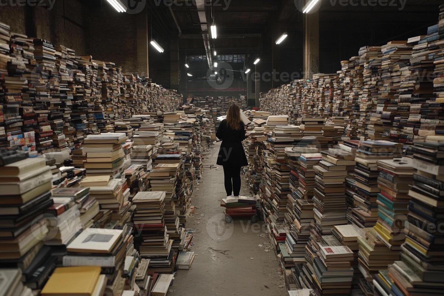 A woman standing in a large room full of books photo