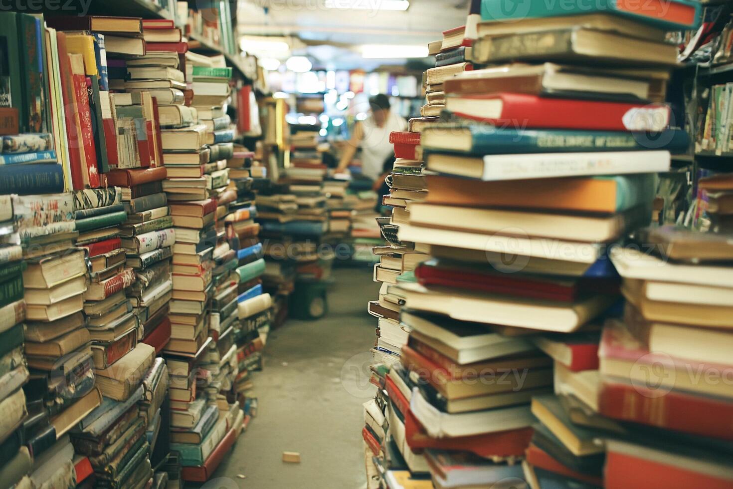 A person is standing in the middle of a store filled with books photo