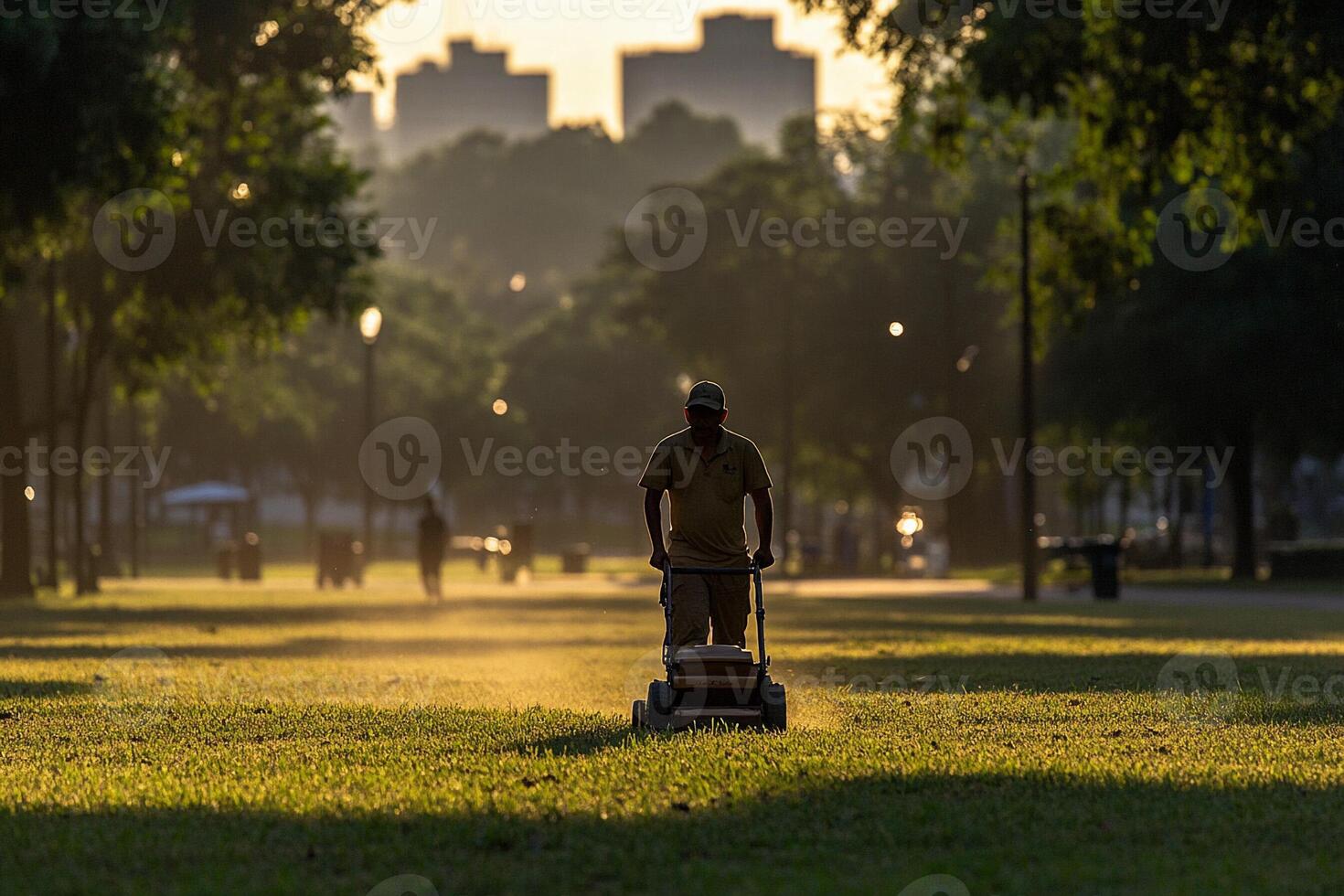 A man mowing the grass in a park at sunset photo