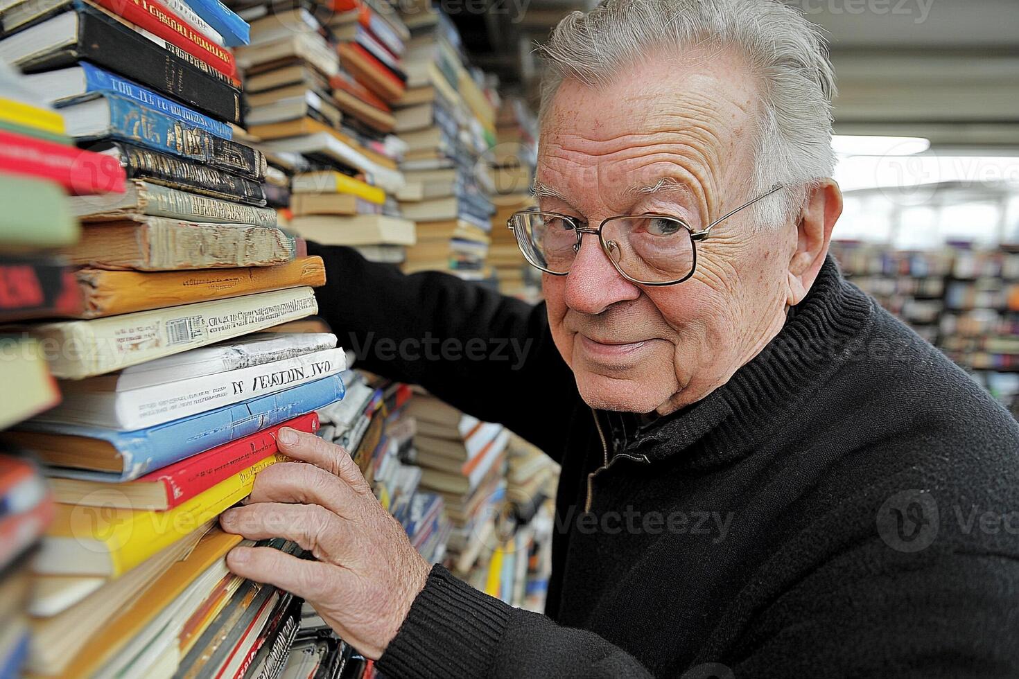 An older man with glasses standing in front of a stack of books photo
