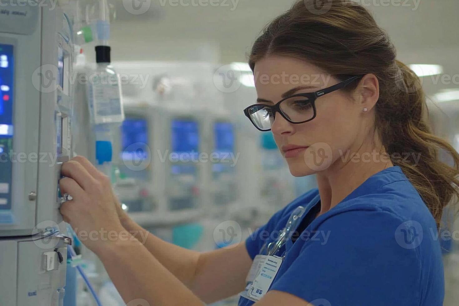 A woman in blue scrubs is working on an iv machine photo