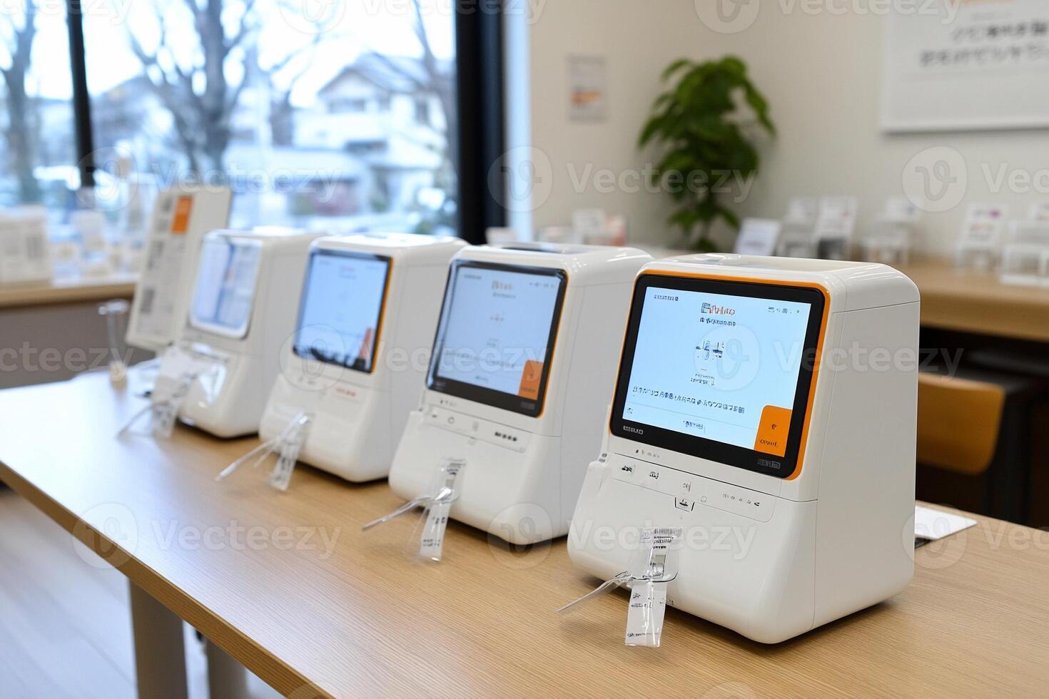 A row of white and orange machines on a table photo