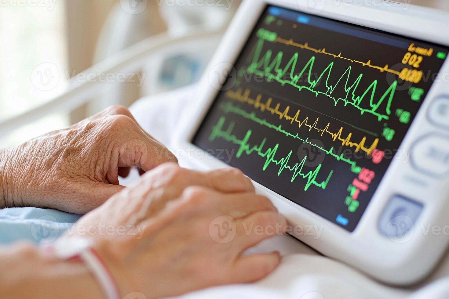 A person in a hospital bed with a monitor showing ecg photo