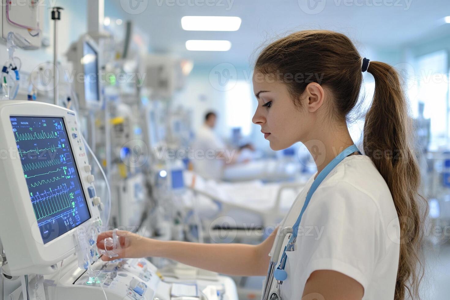 A nurse in a hospital room using an electronic monitor photo