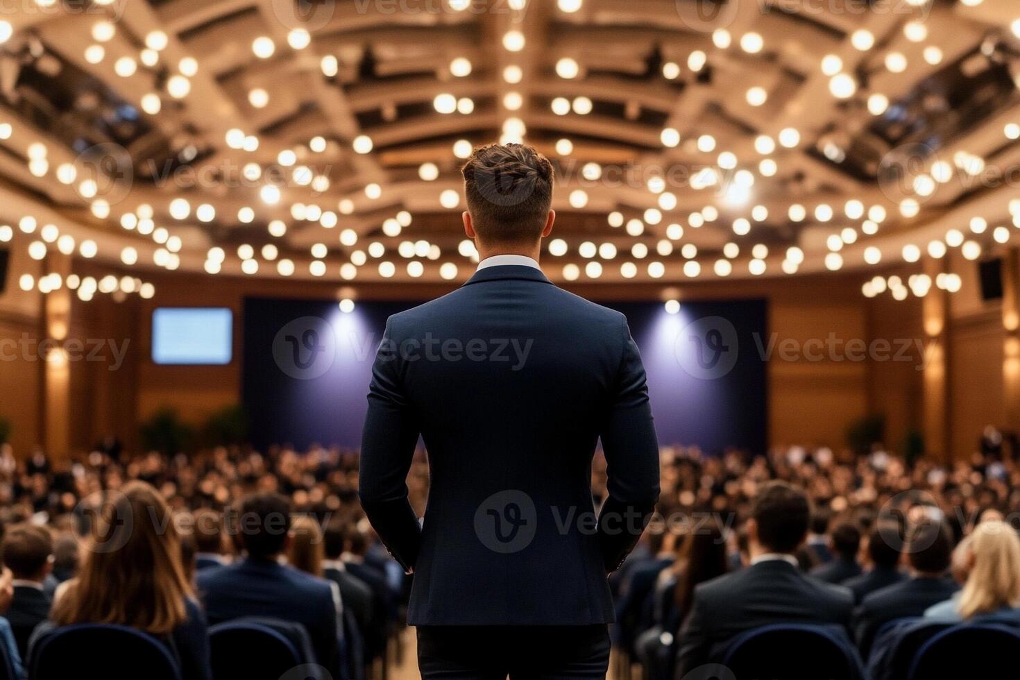 A man in a suit stands in front of a large crowd photo