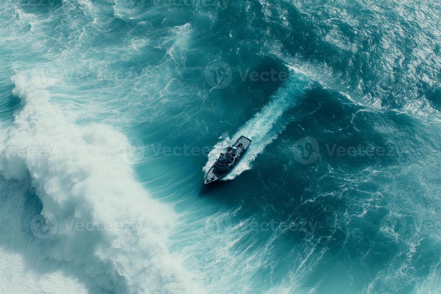 A boat is traveling through a large wave photo