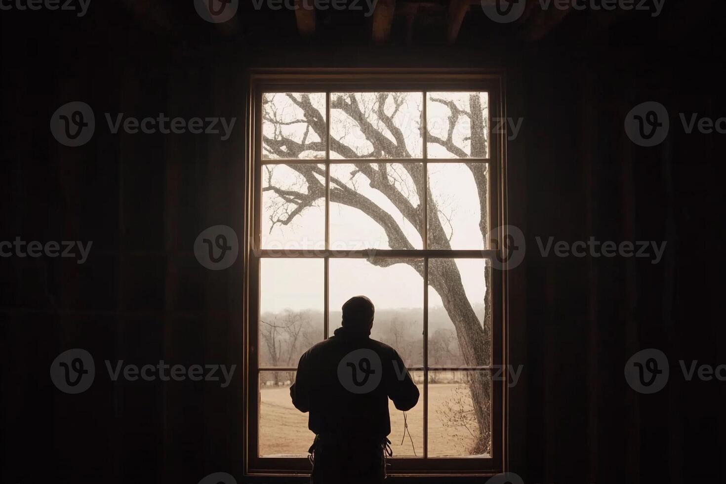 A man standing in front of a window looking out at a tree photo