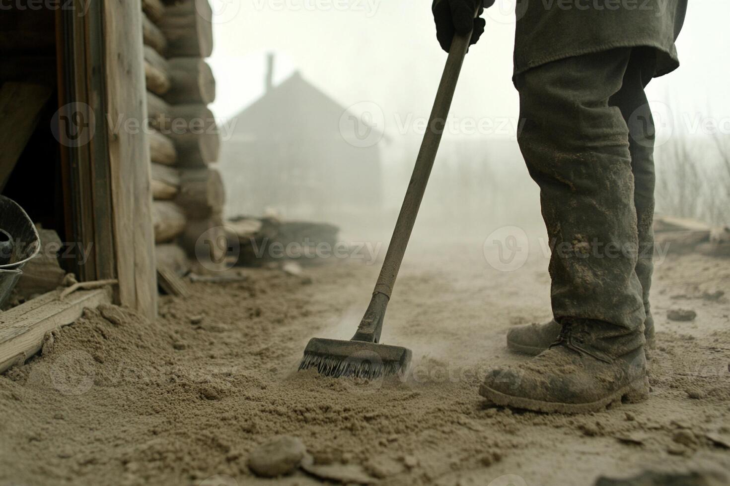 A man is using a shovel to clean up a dirt floor photo
