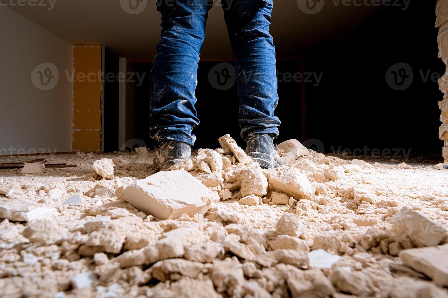 A person standing in a room with rubble photo