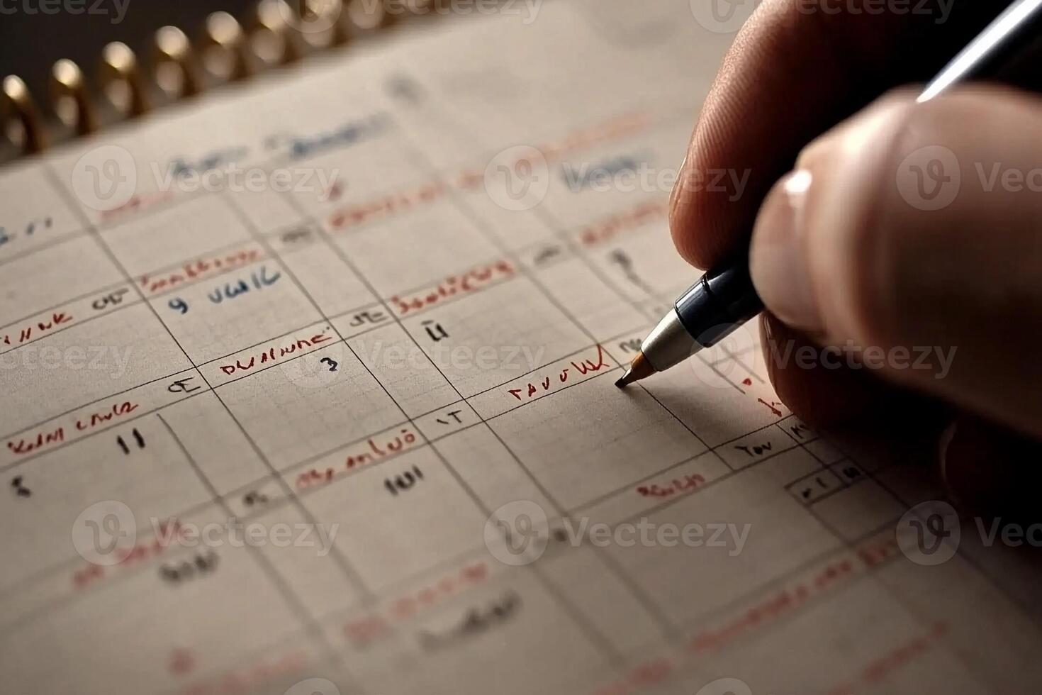 A person is writing on a calendar with a pen photo
