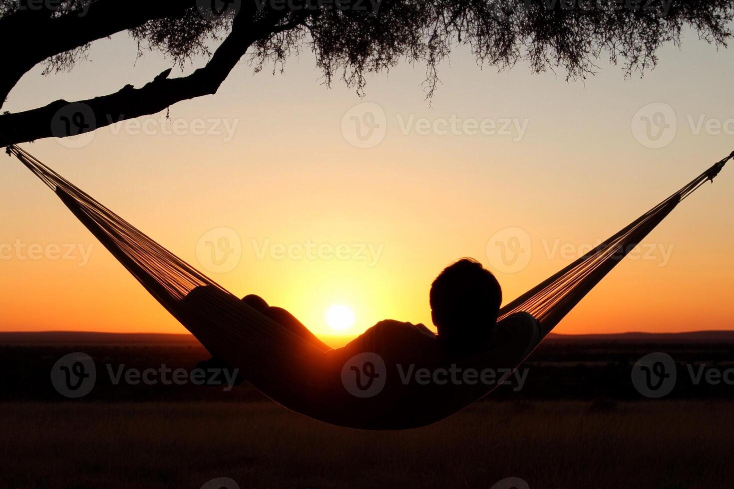 A person is laying in a hammock at sunset photo