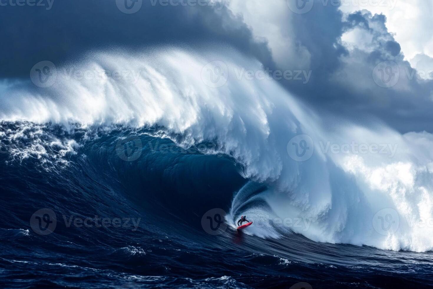 A surfer riding a large wave under a cloudy sky photo