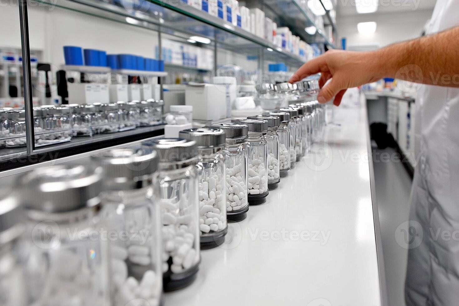 A man in a lab coat is standing in front of a row of bottles photo