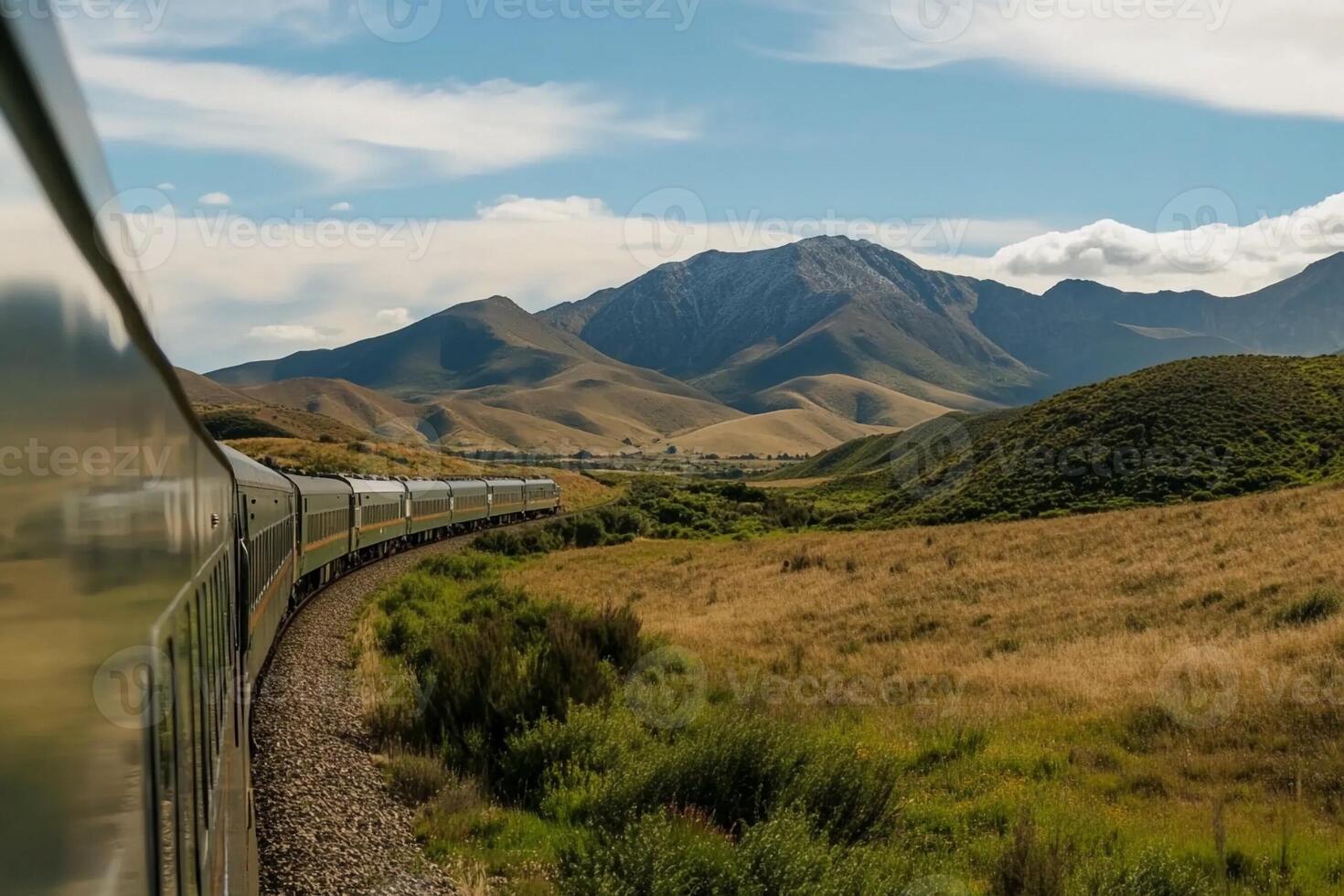 A train traveling through the countryside with mountains in the background photo