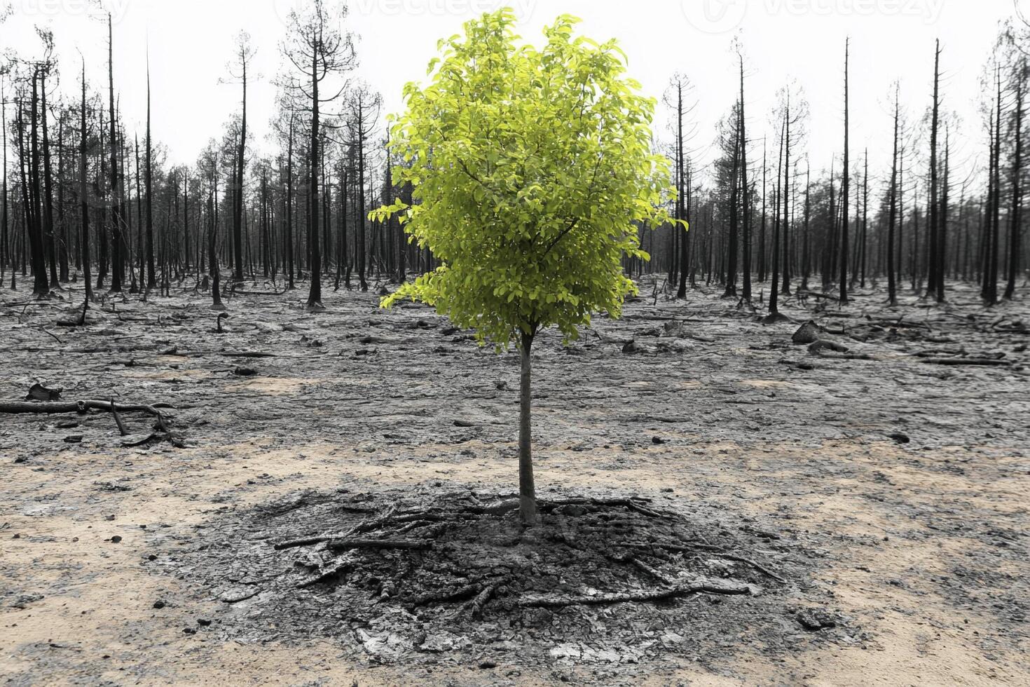 A tree growing in a burnt area photo