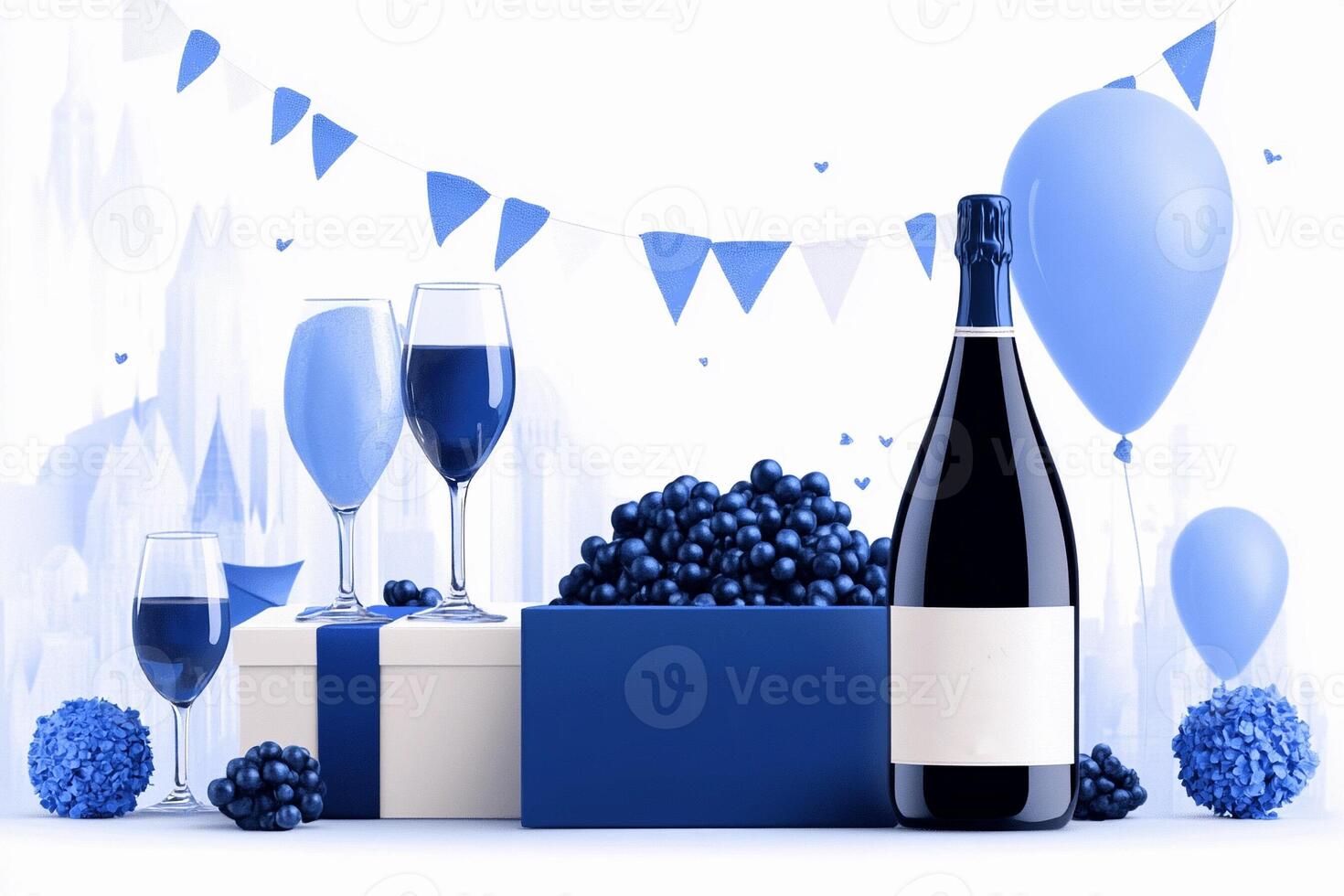 A bottle of wine and glasses of champagne next to a box with blueberries photo