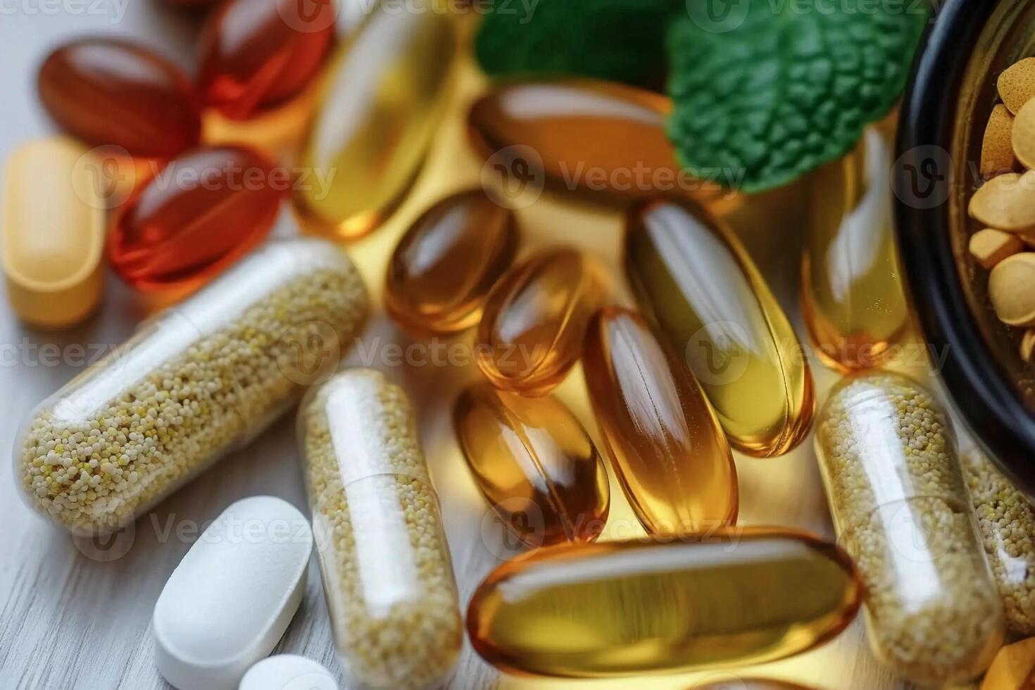 Various types of supplements and capsules on a table photo