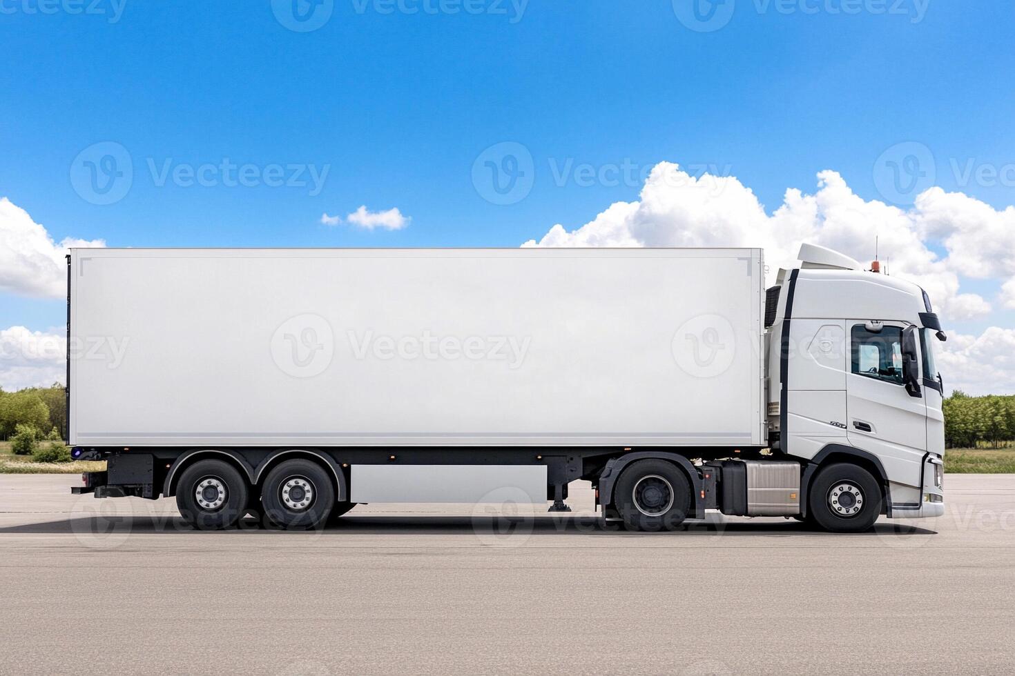A white truck is driving on the road photo