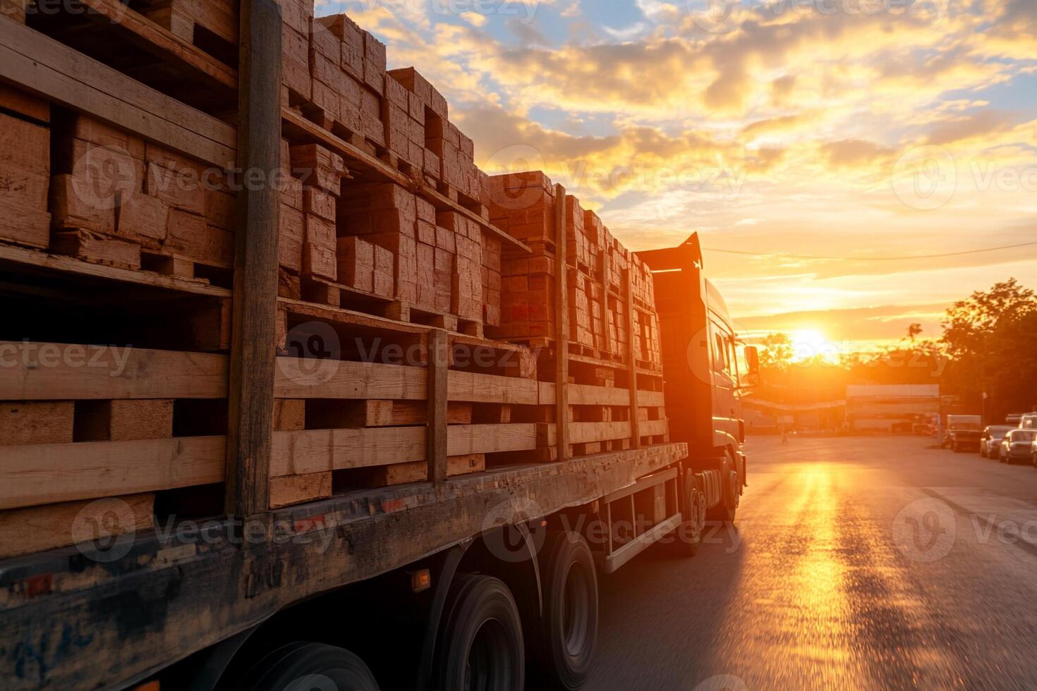 A truck is driving down the road with wooden pallets photo