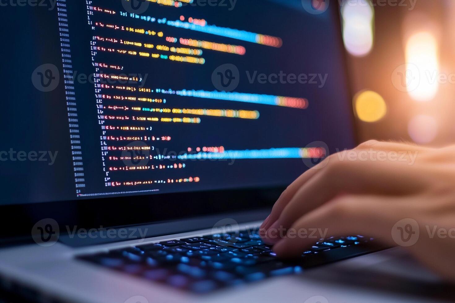 A person typing on a laptop with code on the screen photo