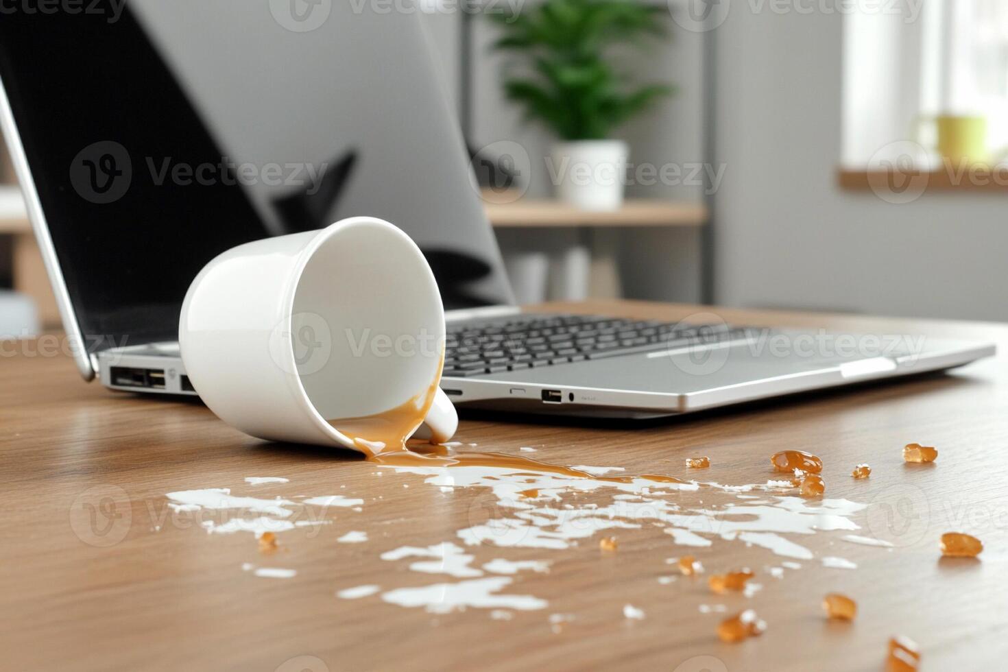 Coffee spill on the table with laptop and keyboard photo