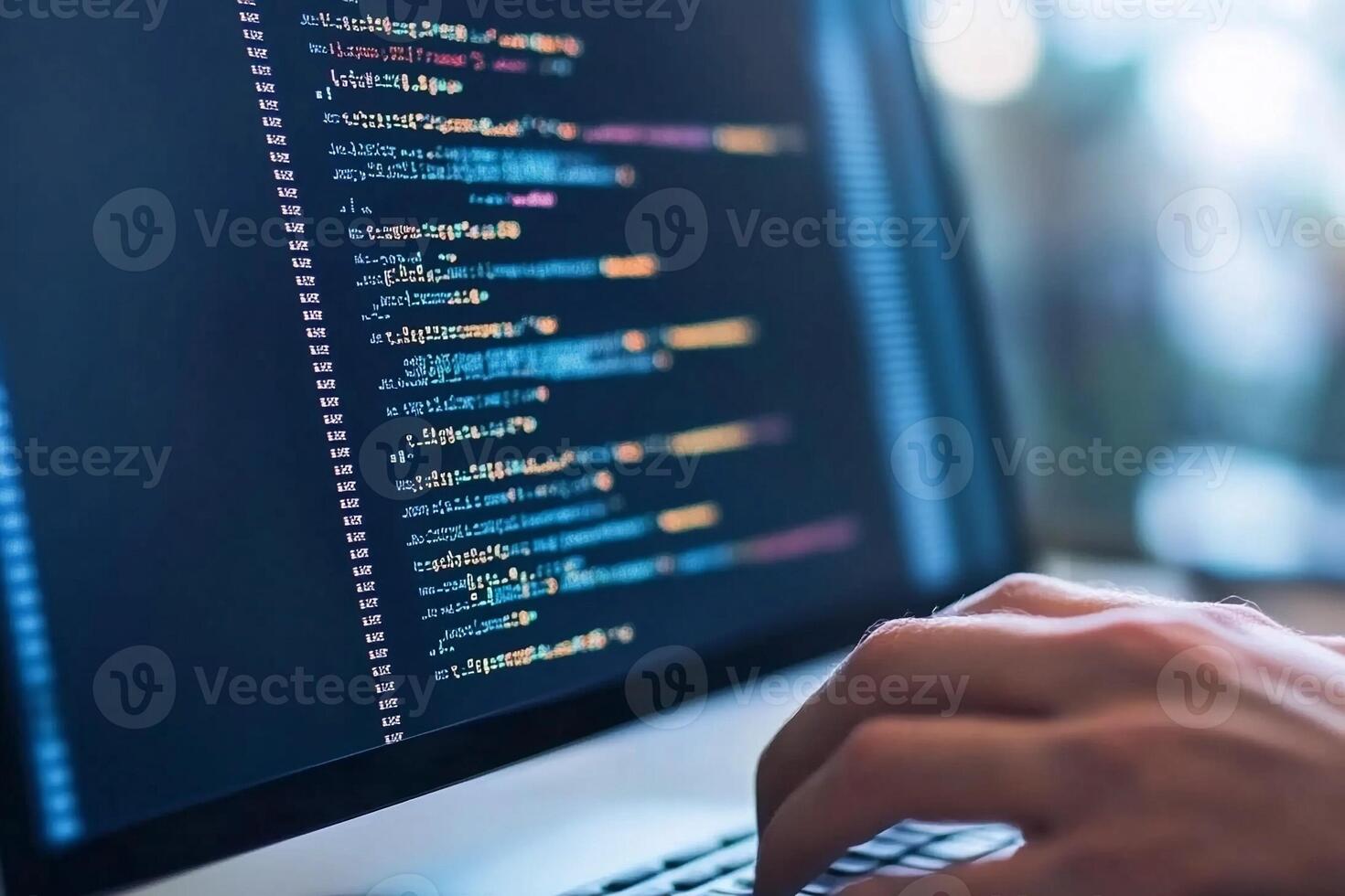 A person is typing on a computer screen with code on it photo