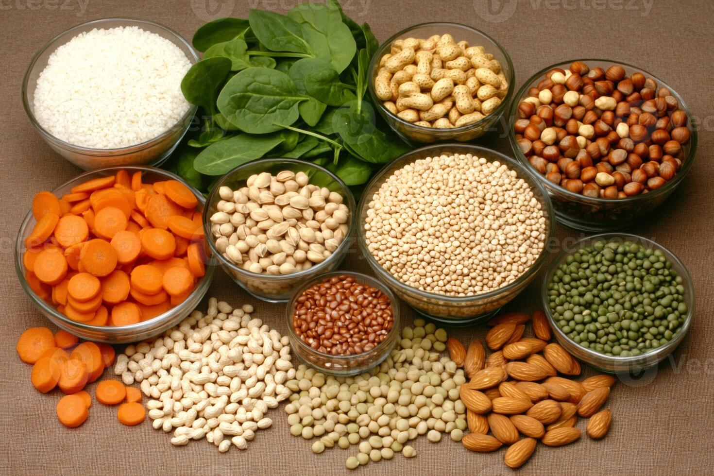 A variety of different types of beans, nuts, and vegetables photo
