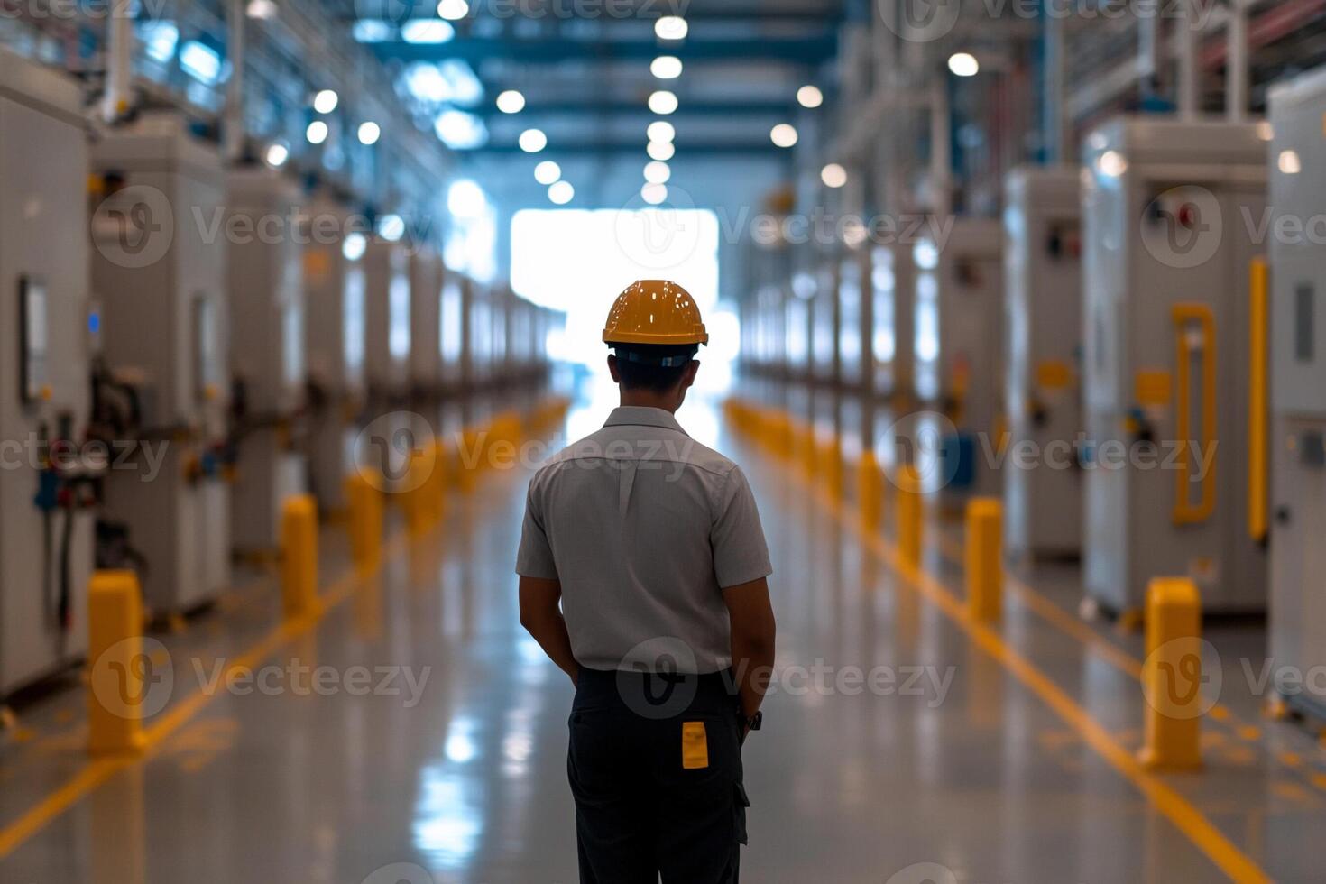 A man in a hard hat standing in a factory photo