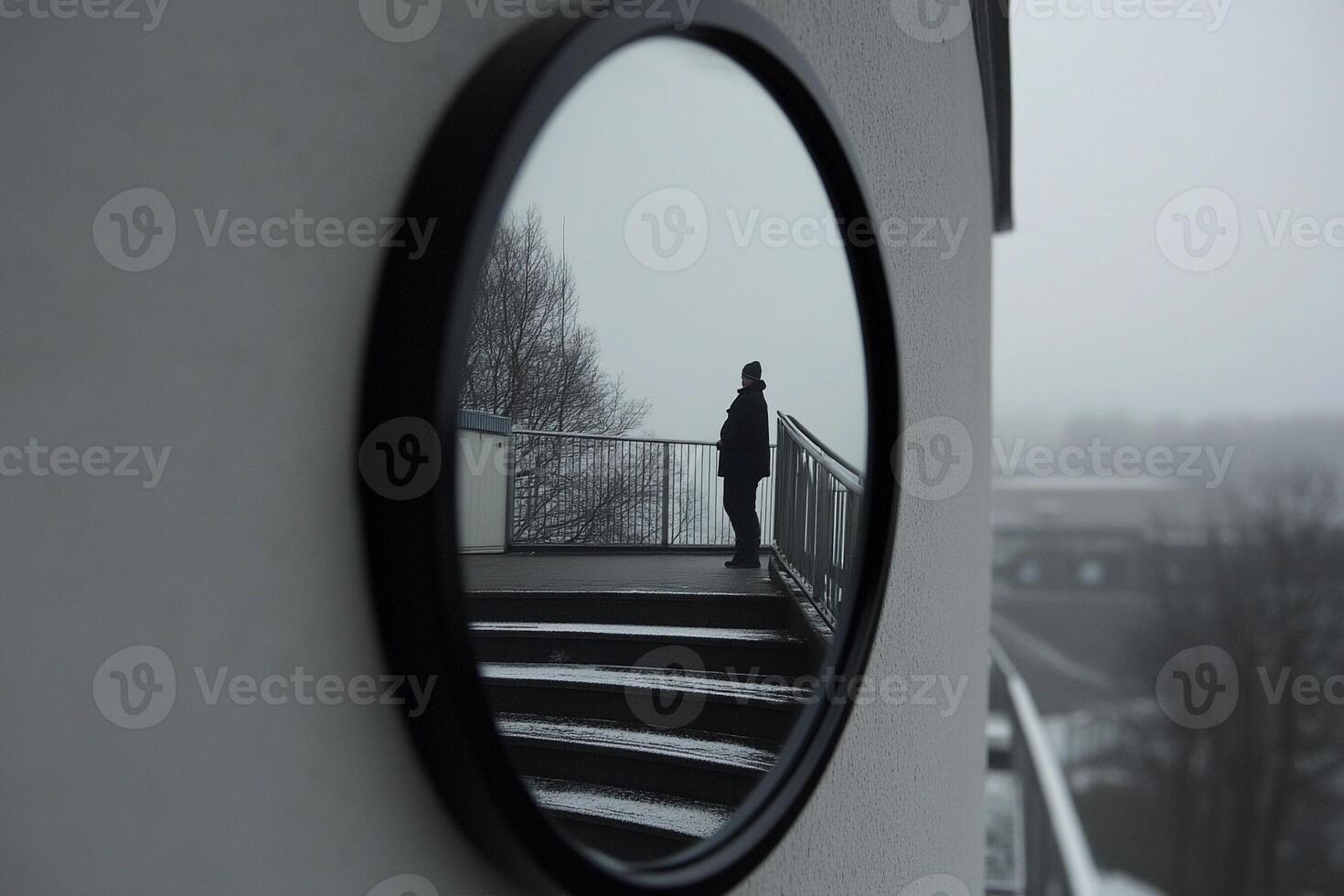 A person standing on a stairway looking at a mirror photo