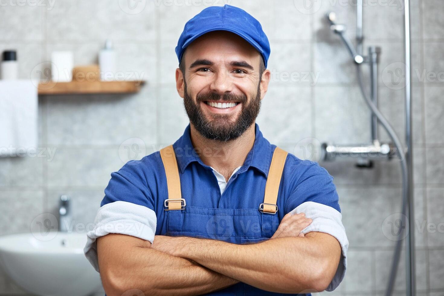 A smiling man in a blue hat and overalls standing in front of a bathroom sink photo