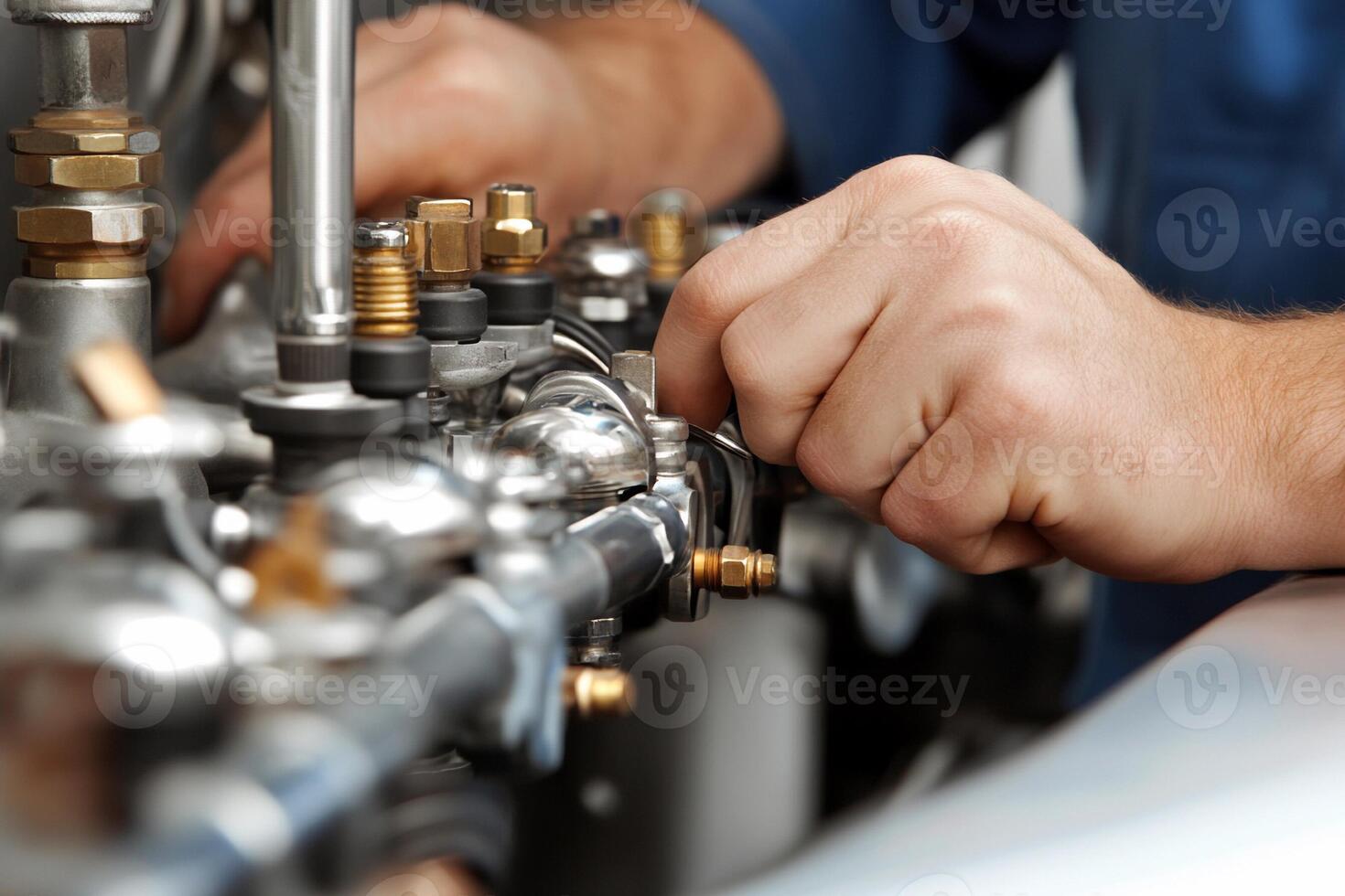 A man is working on a machine with a hose photo