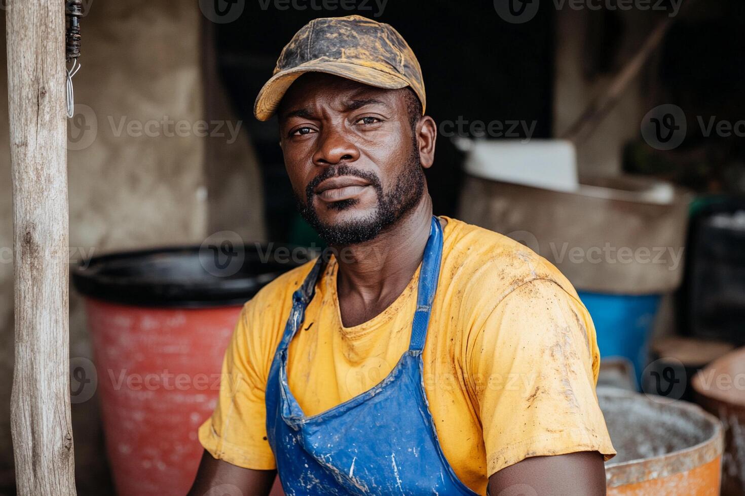 A man in an apron sitting in front of a building photo