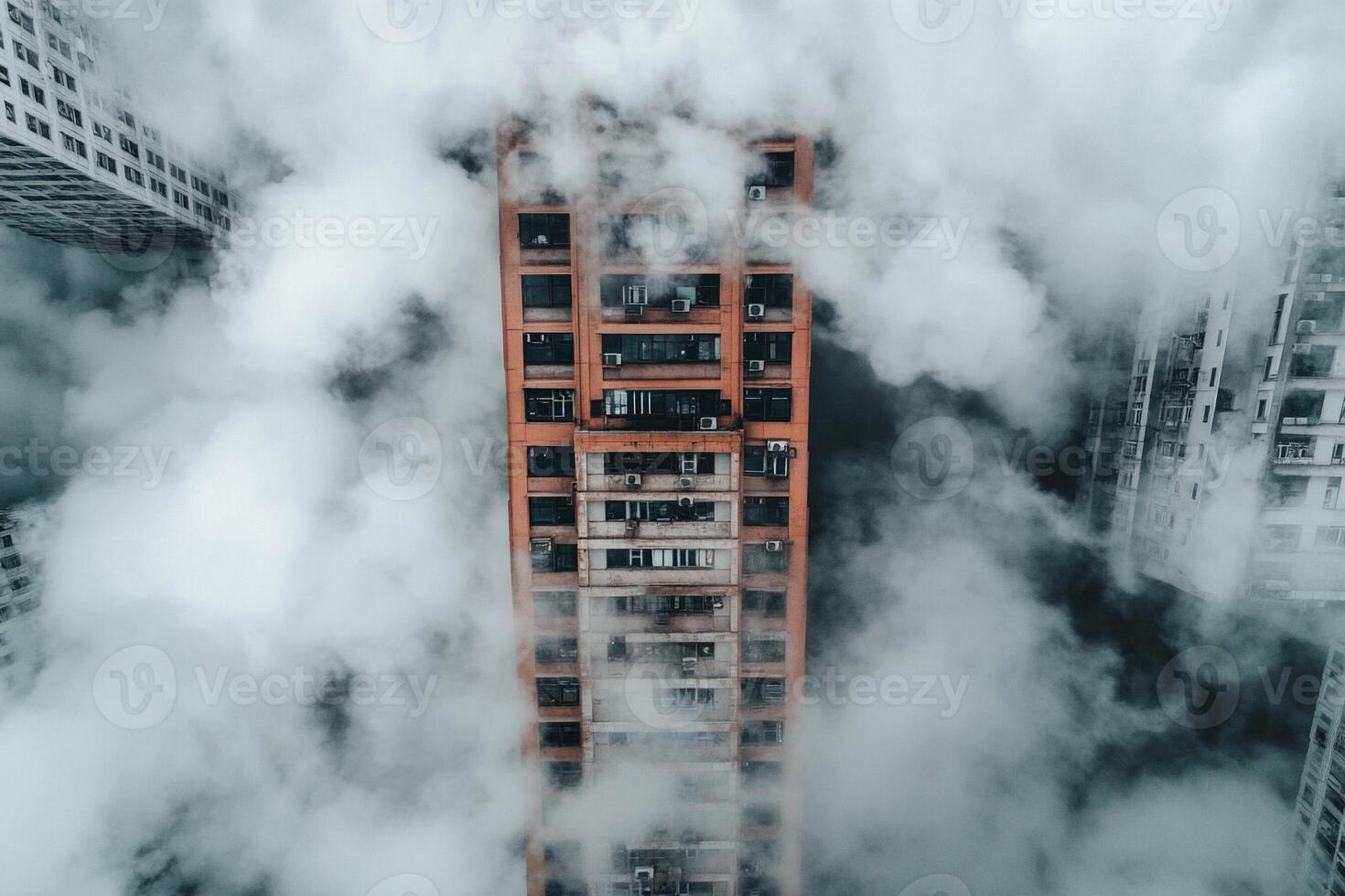 An aerial view of a tall building surrounded by clouds photo