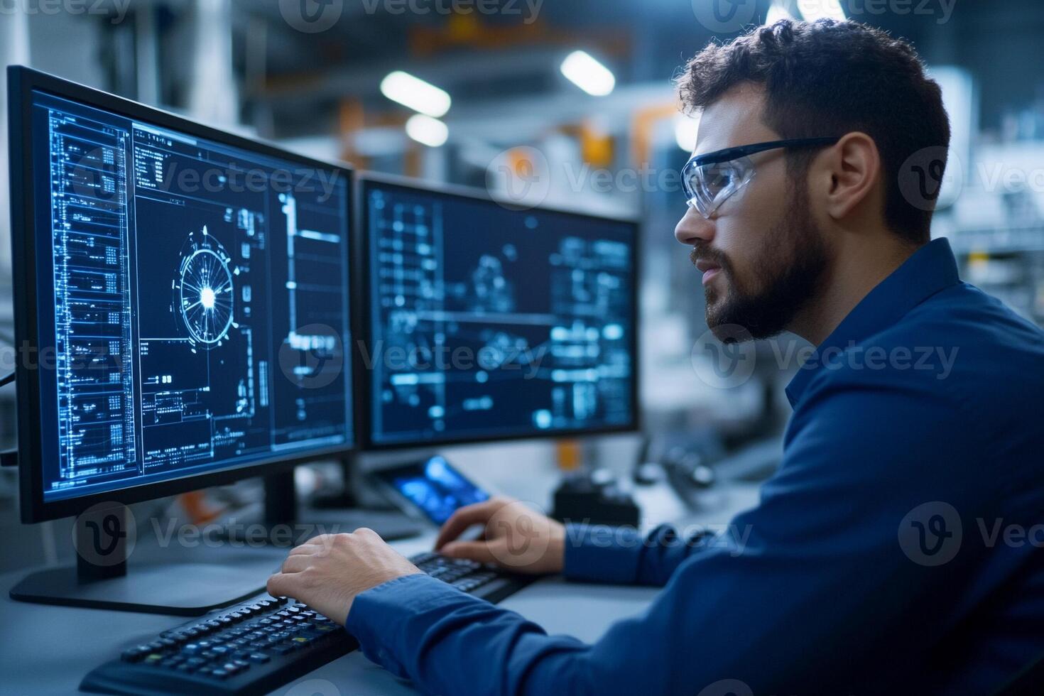 A man in a blue shirt is working on two computer screens photo