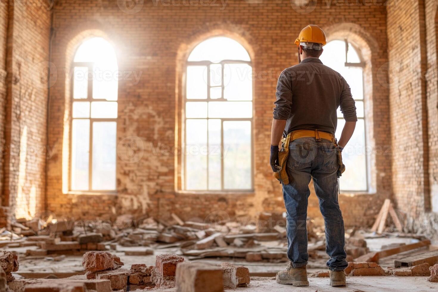 A man in a hard hat standing in an old building photo