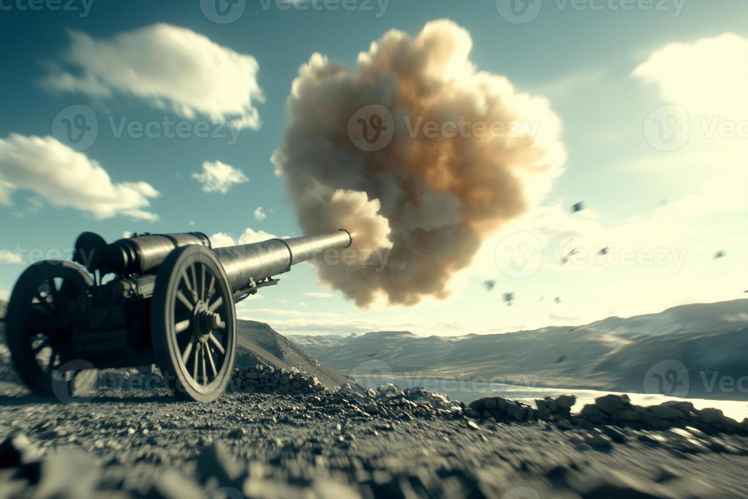 A cannon is shooting out a large cloud of smoke photo