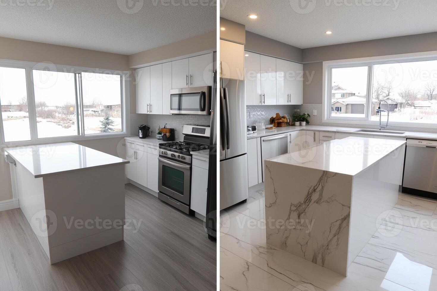 A kitchen before and after renovation photo
