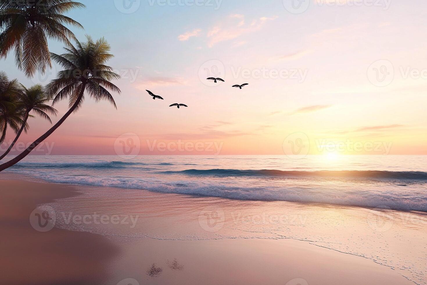 A beach with palm trees and birds flying over the ocean photo