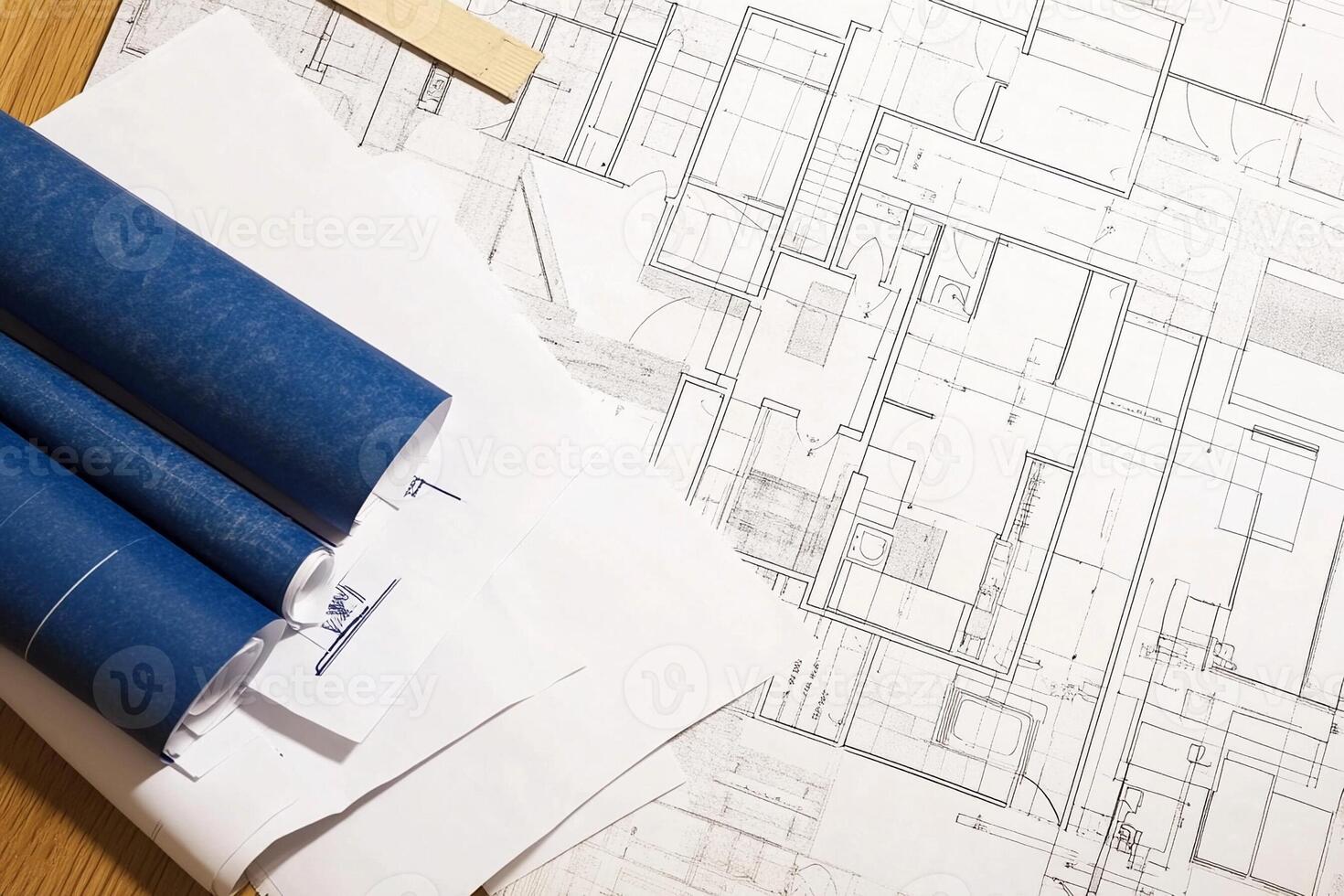 Architectural plans and blueprints on a table photo