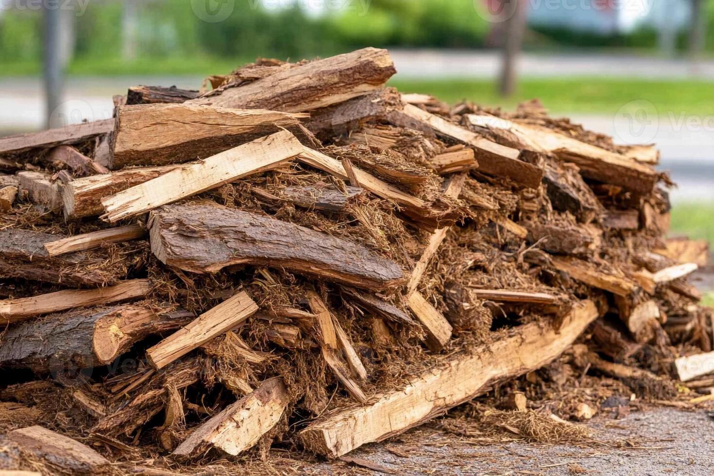 A pile of wood chips sitting on the ground photo