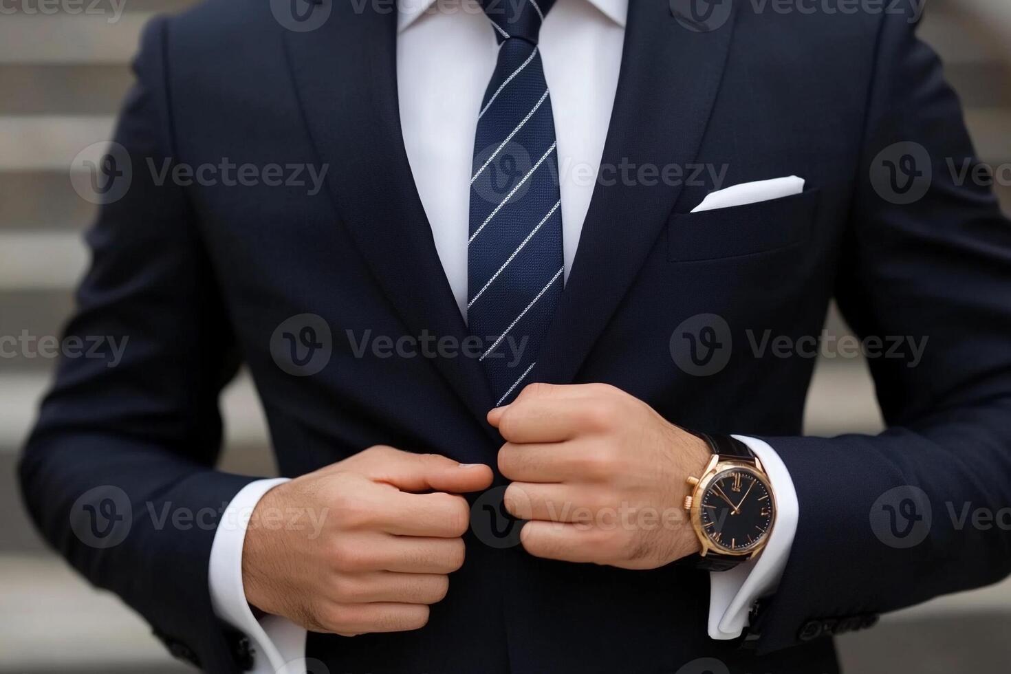 A man in a suit and tie is adjusting his watch photo
