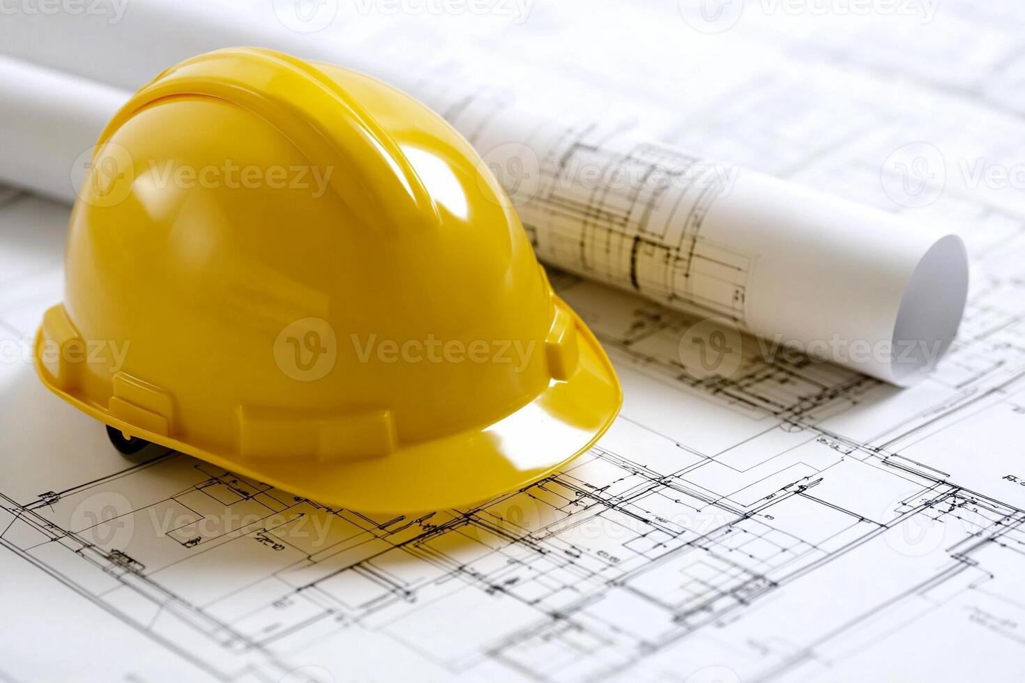 A yellow hard hat sits on top of a blueprint photo