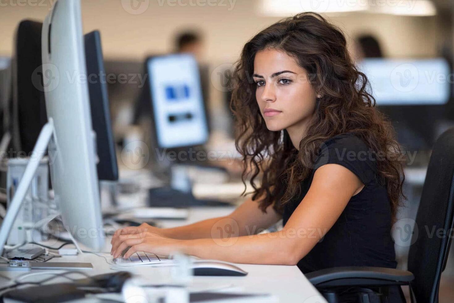 A woman sitting at a desk in front of a computer photo
